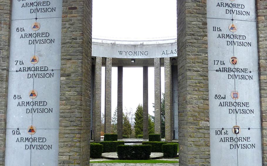 Units that fought at the Battle of the Bulge are recognized on the pillars of the Mardasson Memorial on the outskirts of Bastogne, Belgium.