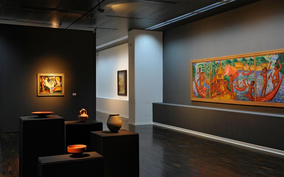 A view of the exhibition space at the Wilhelm-Hack-Museum in Ludwigshafen, Germany. At right is Max Pechstein's "Palau Triptych" from 1917.