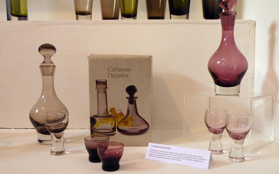 A glass decanter set from 1973 designed by Colin Terris of the Caithness Glass company, is on display at the King's Lynn, England, Arts Centre Trust, on Jan. 21. Caithness produced glassware for 25 years. The set is among about 400 pieces from the collection of Dr. Graham Cooley, an avid collector of 20th century glassware. His collection will be on display at the art center until Feb. 25.