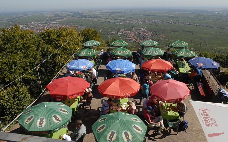 This terrace restaurant sits atop the Rietburg castle ruins, overlooking German wine country. The ruins, near the wine village of Edenkoben, can be accessed by taking a chairlift or a steep hike via trails.