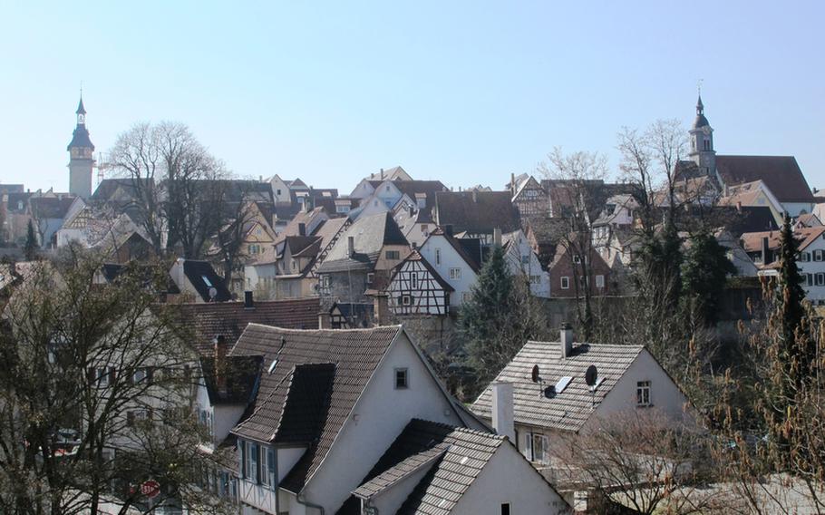 A view of Marbach, Germany's old town district, with its many well-preserved medieval structures. In the distance, at  left is the city's east gate tower.