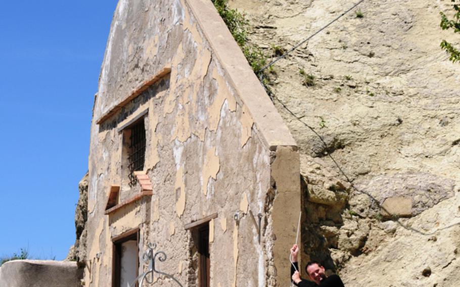 About midway through the roughly hour-long hike up Mount Epomeo from the town of Fontana sits the church of San Nicola. It&#39;s carved in the volcano&#39;s tufa rock and was built around 1587. While the inside of the church now is closed to visitors, trekkers still can stop and ring the tower bell.