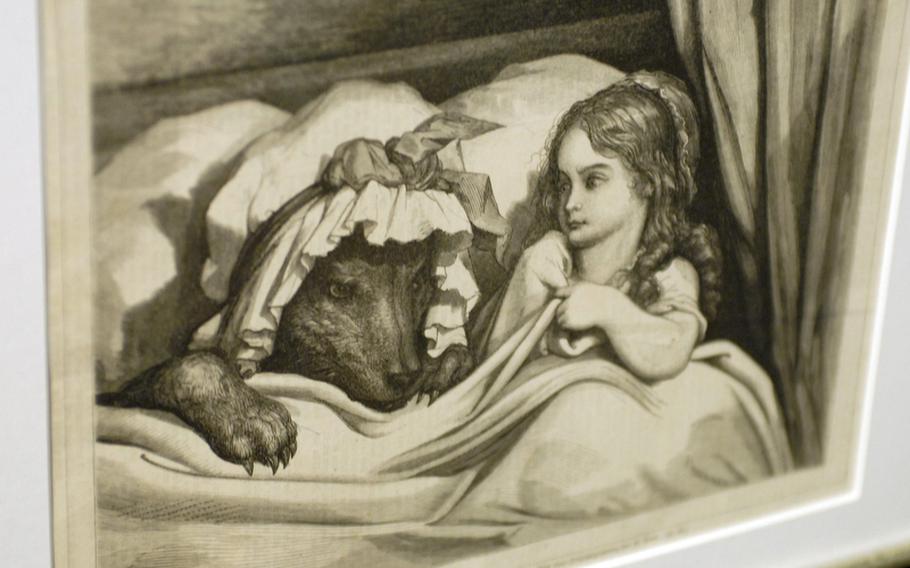The Brüder Grimm-Haus in Steinau an der Strasse, Germany, features plenty of artwork from fairy tales around the world. This one is from a French version of "Little Red Riding Hood."