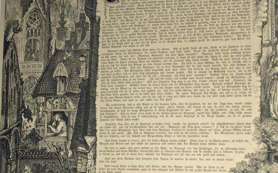 An old story poster of "Rapunzel" at the Brüder Grimm-Haus. The once-popular posterlike versions of fairy tales featured a shortened adaptation of a  fairy tale put on one sheet of paper with accompanying illustrations.