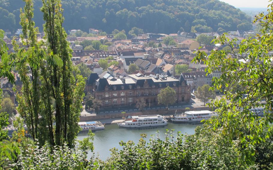 Riverboats idle in the Neckar River, from the Philosopher's Way.
