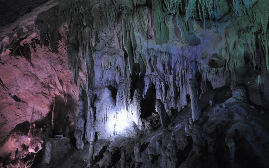 The caves stretch nearly two miles. A limited lighting system encourages dramatic shadows.
