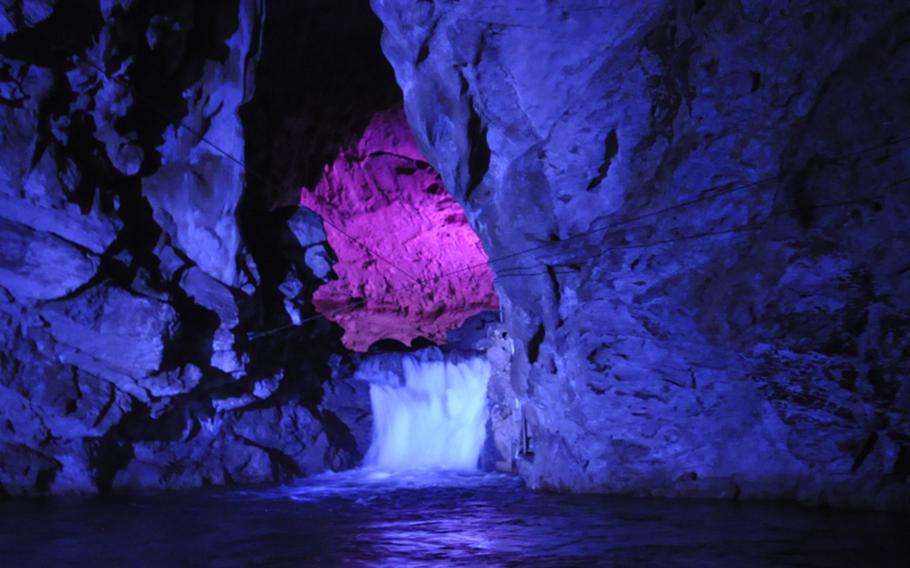 A submerged river deep into the Alburni Mountains leads to a colorful waterfall on the 90-minute tour of the Grotte dell?Angelo, or Angel Caves, in southern Italy. Visitors can also take a one-hour tour and a 75-minute tour.