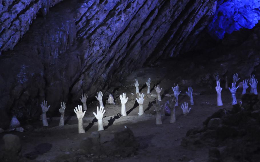A local theater group regularly performs scenes from Dante Alighieri&#39;s "Inferno" in the moody Grotte Dell&#39; Angelo, or Angel Caves, in Italy. Props from the show, including plastic skulls and limbs, are strewn throughout the trails, bringing to life the 14th-century poet&#39;s journey through hell.
