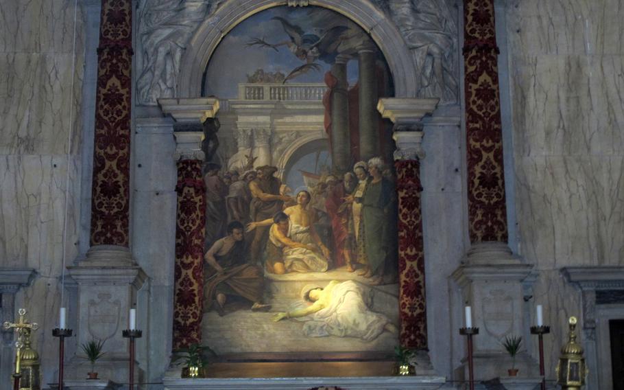 This painting in the San Trovaso church in the Dorsoduro district of Venice, reminicient of Caravaggio, is actually by a Venetian artist named Giuseppe Ponga, who died in 1925.