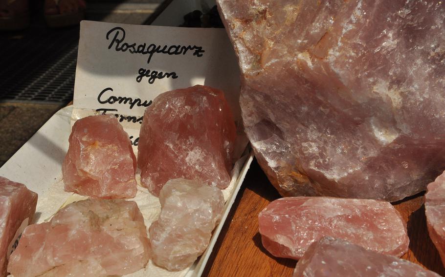 Pieces of rose quartz were for sale outside a shop in Idar-Oberstein. The town, comprising two neighboring villages along the banks of the Nahe River, is the center of Germany's precious-stones route.