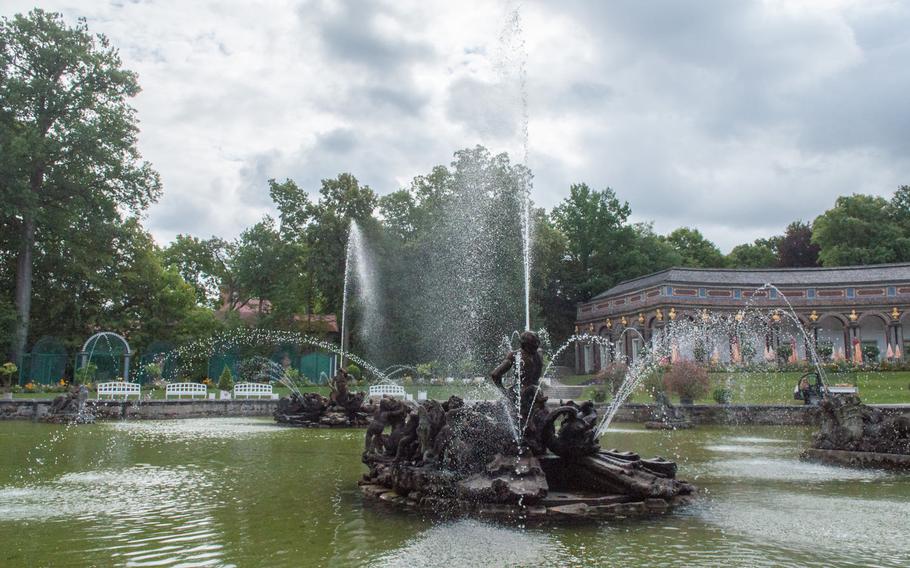 At the top of every hour the park attendants turn on the stone fountains at the New Palace in the Gardens of the Hermitage in Bayreuth, Germany. At a quarter past the hour they do the same for the fountain at the lower grotto.