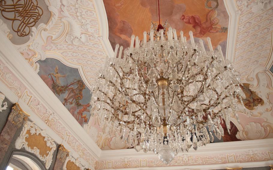 The marble room inside the Old Palace at the Gardens of the Hermitage in Bayreuth, Germany, reflects the opulence of the times.