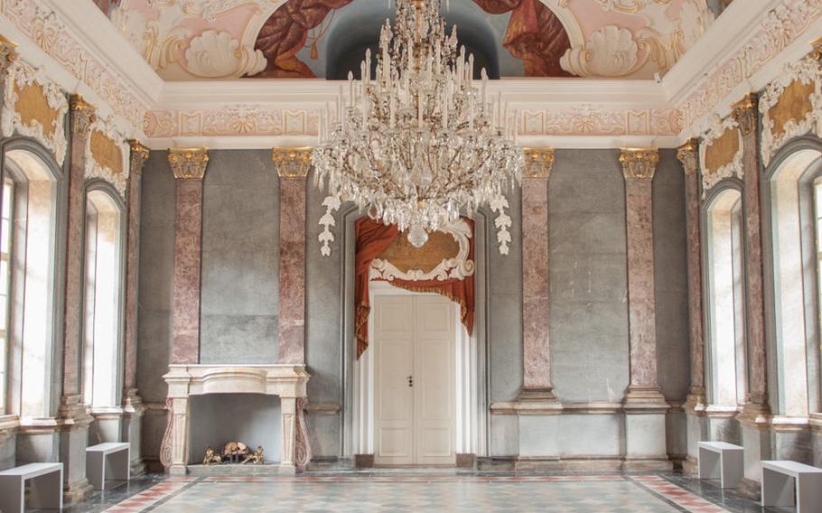 The marble room inside of the Old Palace at the Gardens of the Hermitage in Bayreuth, Germany, is one of the more striking rooms you can see during the castle tour.