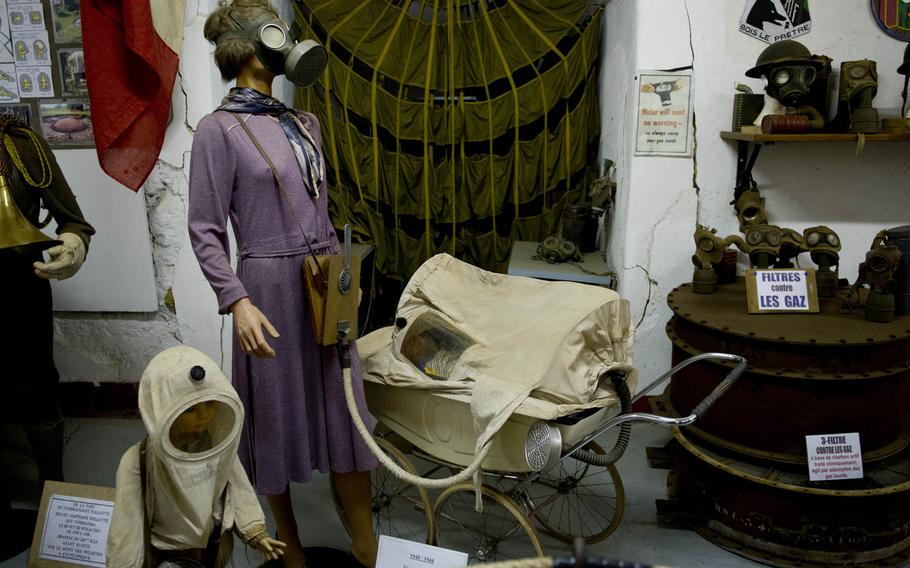 The Fort Hackenberg museum near Veckring, France, contains a number of displays illustrating equipment used during the time it served as a fortification. This display is of common military and civilian equipment used during gas attacks.