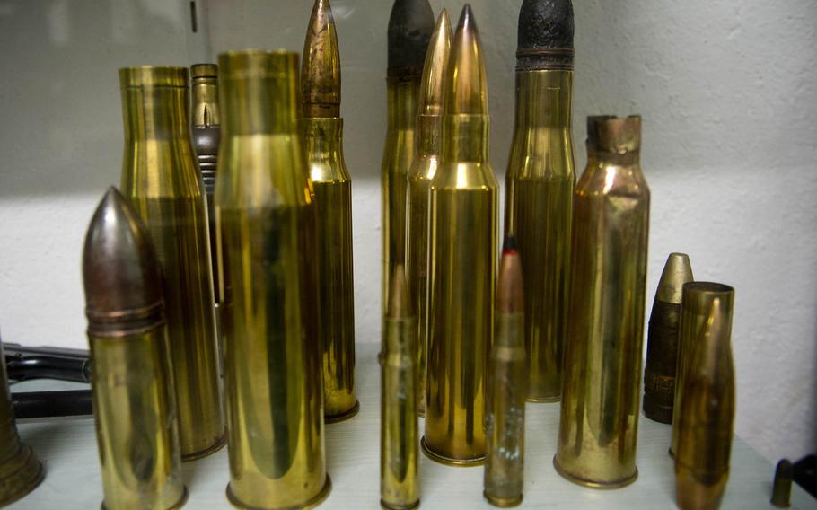 A collection of shell casings and bullets is on display inside the Fort Hackenberg museum.