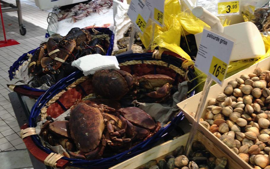 Gray clams, crabs and lobsters are among the sea critters for sale at Cora, a giant retail and grocery store located in several European countries. The closest one to Kaiserslautern, Germany, is in Forbach, France.