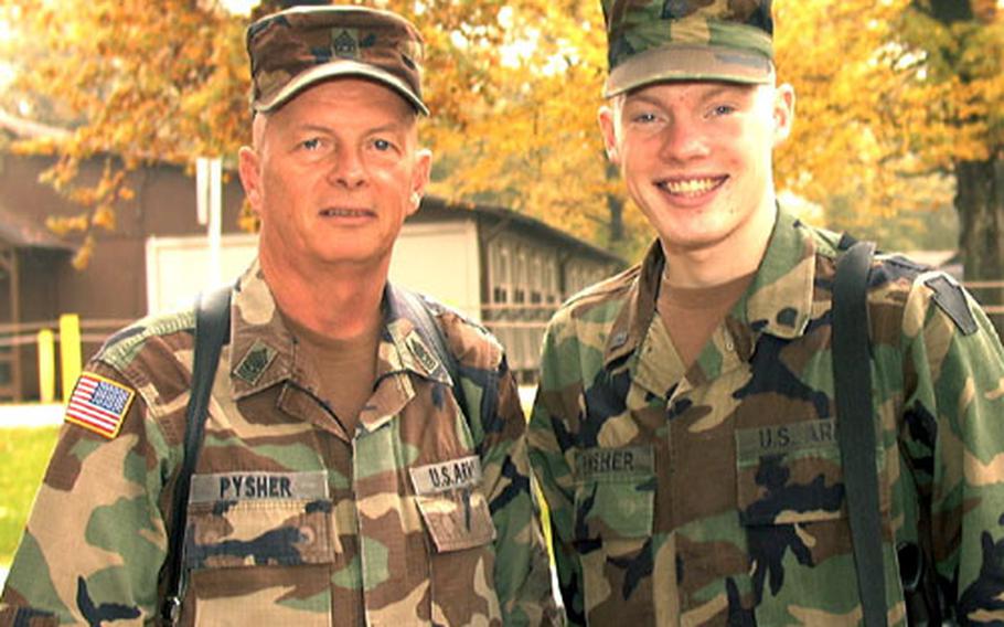 Command Sgt. Maj. Chad Pysher of 28th Infantry Division and his son Spc. Ryan Pysher of C Company, 2nd Battalion, 112th Infantry Regiment, work just down the hall from each other as peacekeepers in Bosnia.