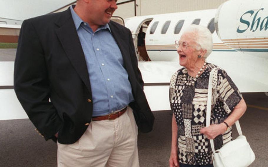 Doris Mamolen, 89, of State College shares a laugh with Fred Shaner, president and CEO of the Shaner Hotel Group, before boarding the company&#39;s private jet at University Park Airport on Thursday, July 20, 2000. They were flying to Des Moines, Iowa, to help dedicate the newly restored Hotel Savery, where Mamolen was a WWII Women&#39;s Army Corps commanding officer at the WAC training barracks located at the Savery Hotel.