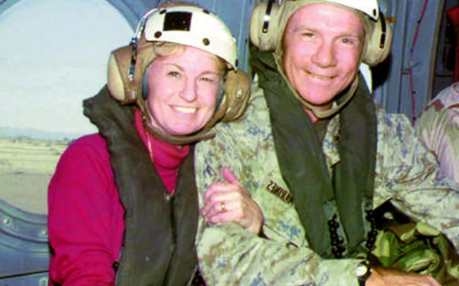 Lt. Gen. Michael Hagee and his wife, Silke, in a CH-46 helicopter over Pakistan in 2001.