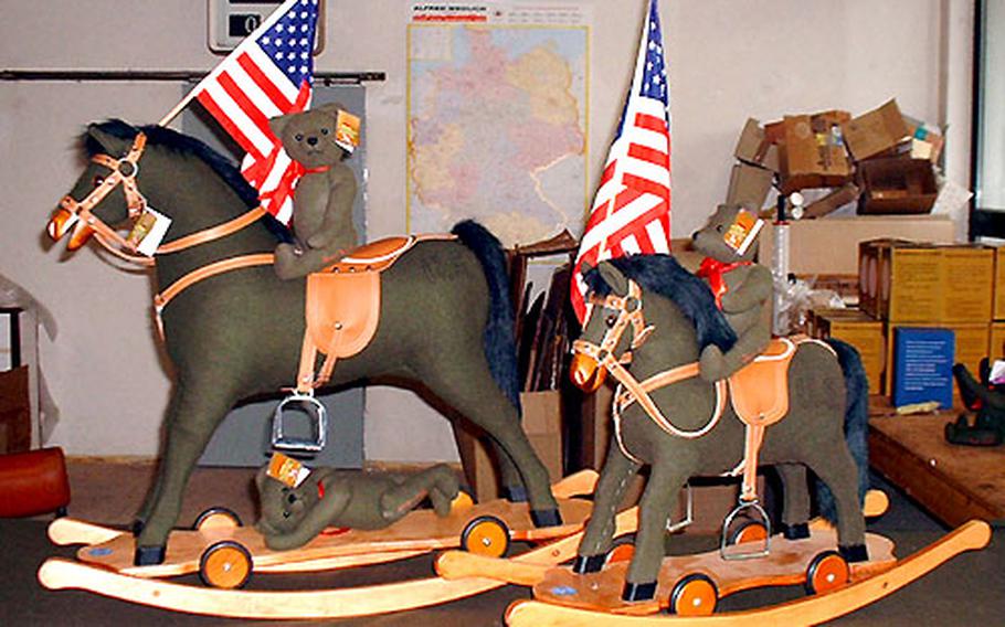 These rocking horses sold at the factory store are made from the same material as the G.I. Teddies.
