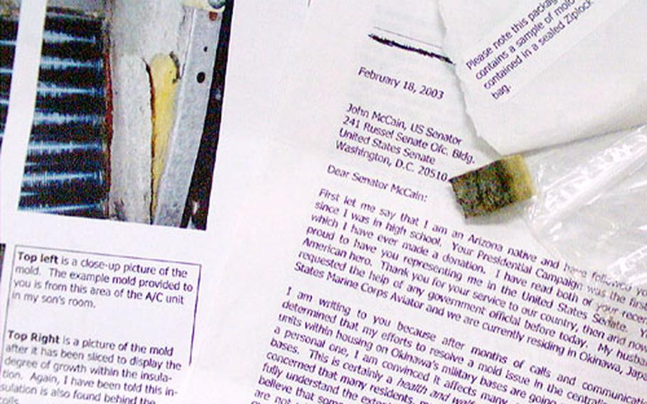 Enclosed in a letter Petersen sent to Sen. John McCain is a sample of moldy fiberglass insulation from Petersen’s home air delivery system that had been thoroughly cleaned recently. She notes that the mold “certainly is a health and welfare issue of the most extreme nature.” She also enclosed several photos of the inside of the air conditioner.