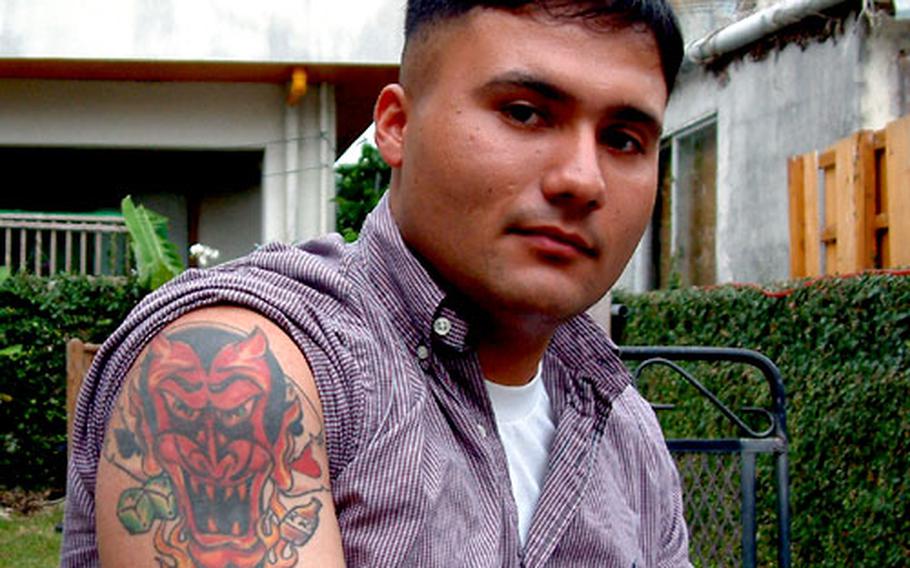 Tattoos are a form of self expression, says Marine Lance Cpl. Chris Mena, who visited Coko&#39;s to get the letters RTTG — meaning "Race to the Grave" — tattooed on his inner lip.