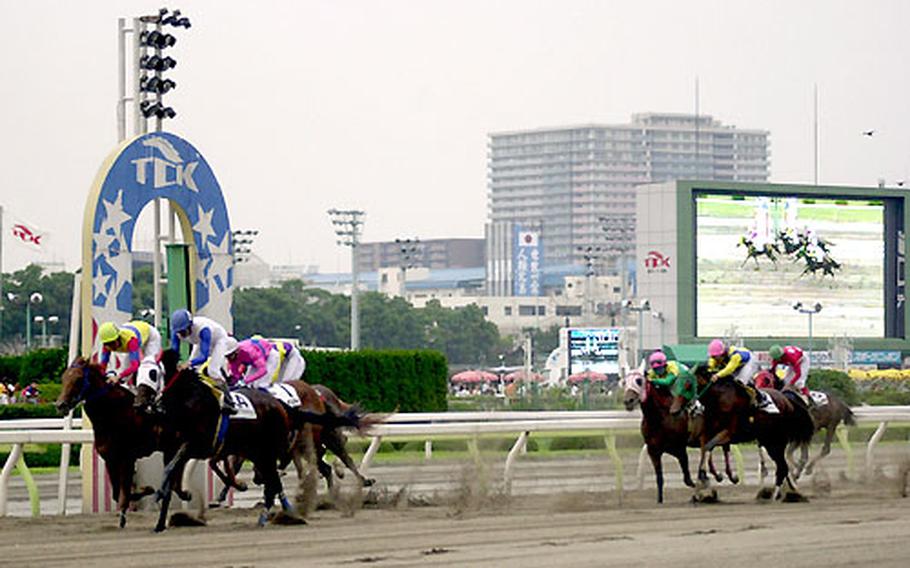 A pack of riders crosses the finish line during the third race.