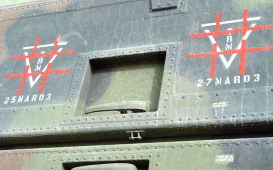 Hash marks painted onto the side of the radar system represent two Scud missile “kills.”