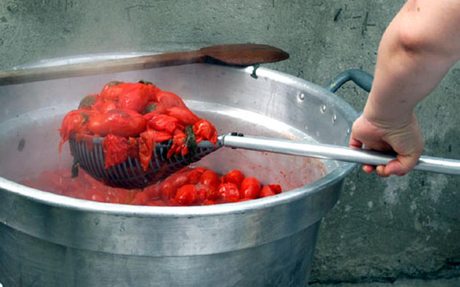 Once the mixture starts cooking, the tomatoes release their juices and must be strained out after 10 minutes.