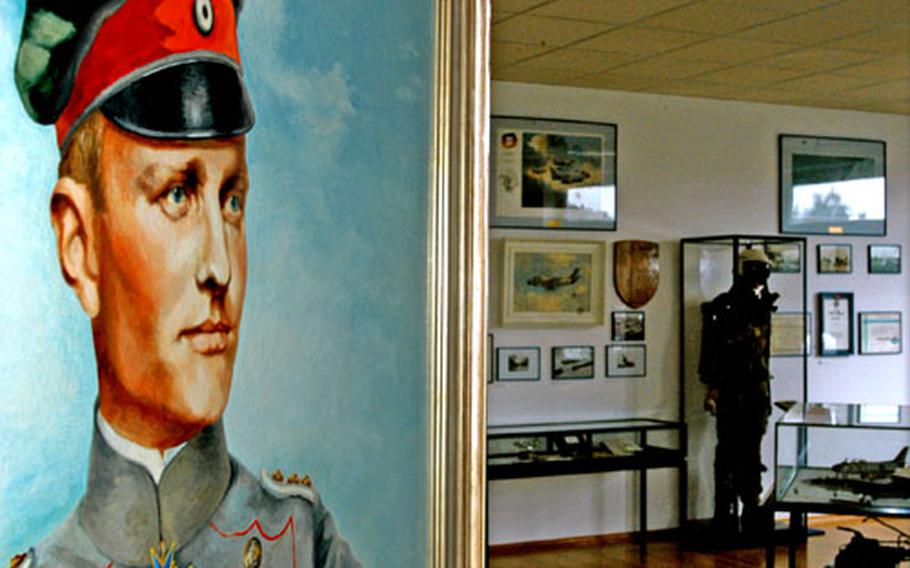 A life-size portrait of the Red Baron greets visitors at the entrance of the historical exhibition of Fighter Wing 71 at Wittmund, Germany.