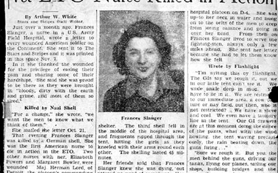 A clipping from Stars and Stripes tells of the death of 2nd Lt. Frances Slanger, whose letter to the editor described her pride at serving wounded soldiers.