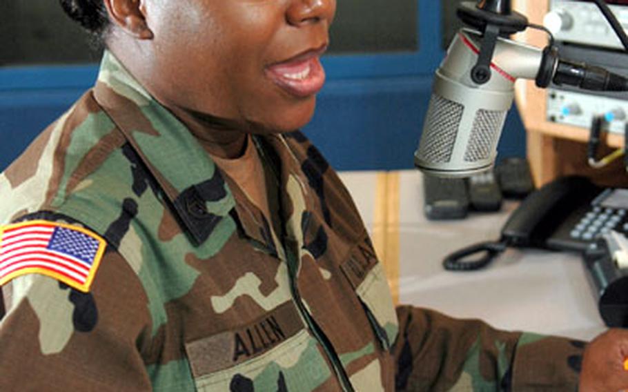 U.S. Army Broadcast NCO, Staff Sgt. PeShon Allen records a listing of American Forces Network Atlantic&#39;s prime time TV lineup for radio broadcast.