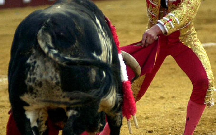 A bullfighter goes in for the kill during a bullfight in El Puerto de Santa Maria, Spain.