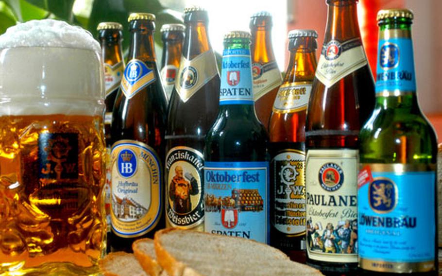 Ready for tasting: A sampling of the beers available at Oktoberfest awaits the thirsty. Slices of bread are used for cleansing the palate between samples.