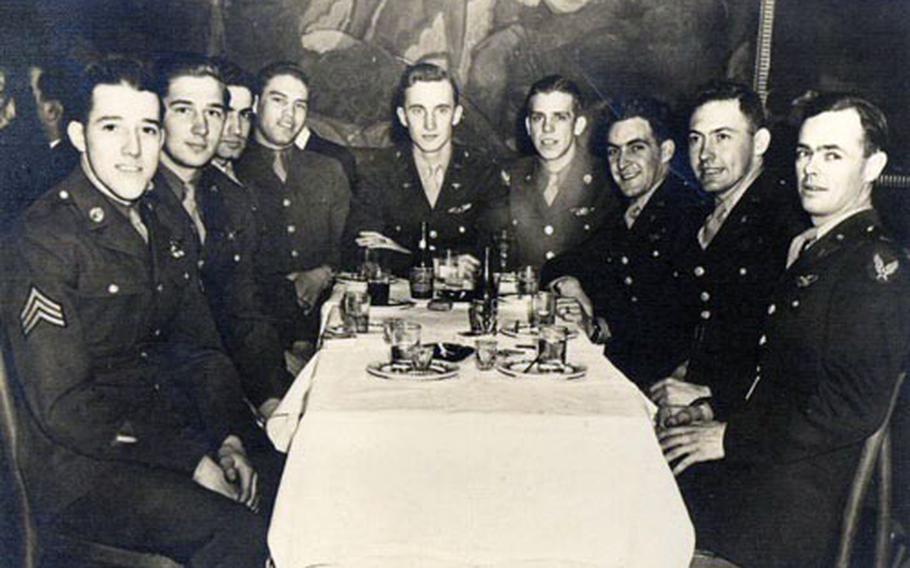 This crew failed to return to England after an April 29, 1944, bomb run over Berlin. From left to right: Sgt. John Bonnassiolle, Staff Sgt. Joseph Karaso, Sgt. Michael Chiodo, Staff Sgt. Orus Baxter, 2nd Lt. Robert Bishop, Sgt. John Harringer, 2nd Lt. Thomas Digman, 2nd Lt. Arthur Luce, and 2nd Lt. Donald Hess. Not shown: Sgt. James Blong and Staff Sgt. Ralph McDonald.