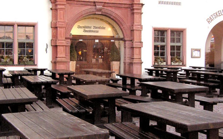 It may be quiet now, but the outdoor area at the Ratskeller in Darmstadt is the perfect spot to enjoy a cool beer on a warm afternoon.