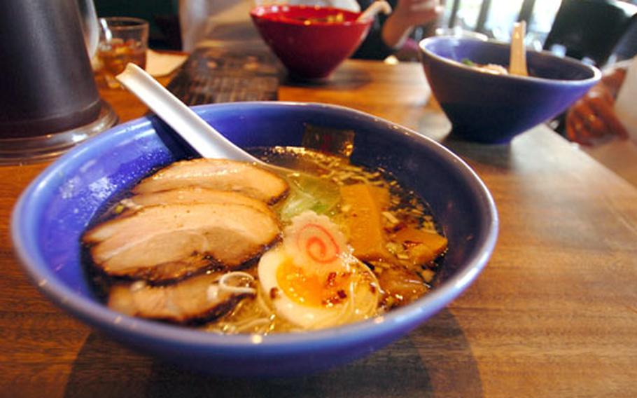 Shio ramen at Gogyo is served with pork and bamboo shoots. Gogyo has many popular flavors of ramen to choose from and is conveniently located near Hardy Barracks in Roppongi.