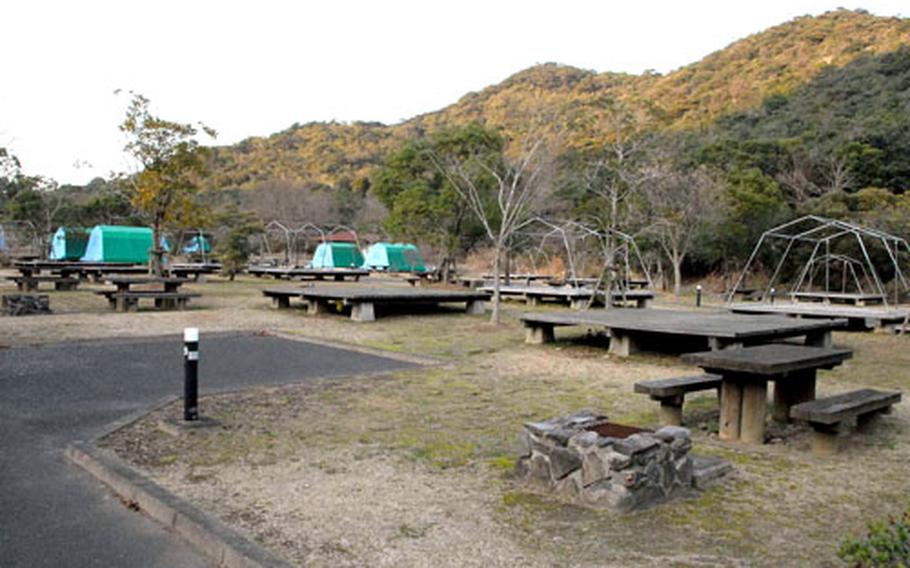 Campsites cost 4,000 to 5,000 yen per night and include a picnic table, fire pit and space for one car.