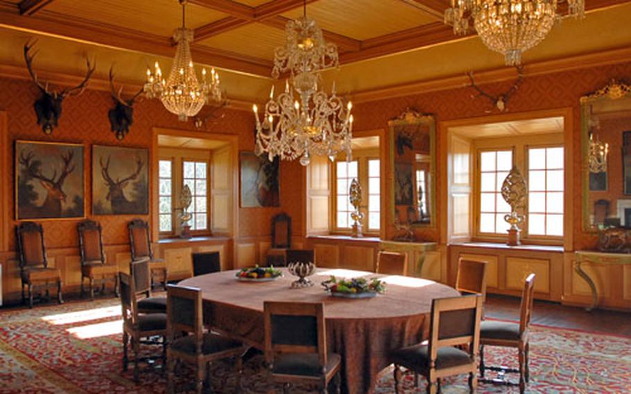 Furnishings in the Hirschsaal, or Stag Hall, of the 16th-century Jagdschloss Kranichstein, are from the 17th through 19th centuries. The former ducal hunting lodge is now a museum.