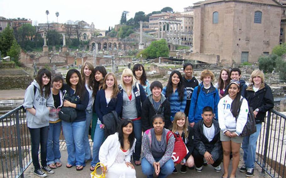 Students from Zama High School in Japan are all smiles during a spring break stop outside the Roman Forum.