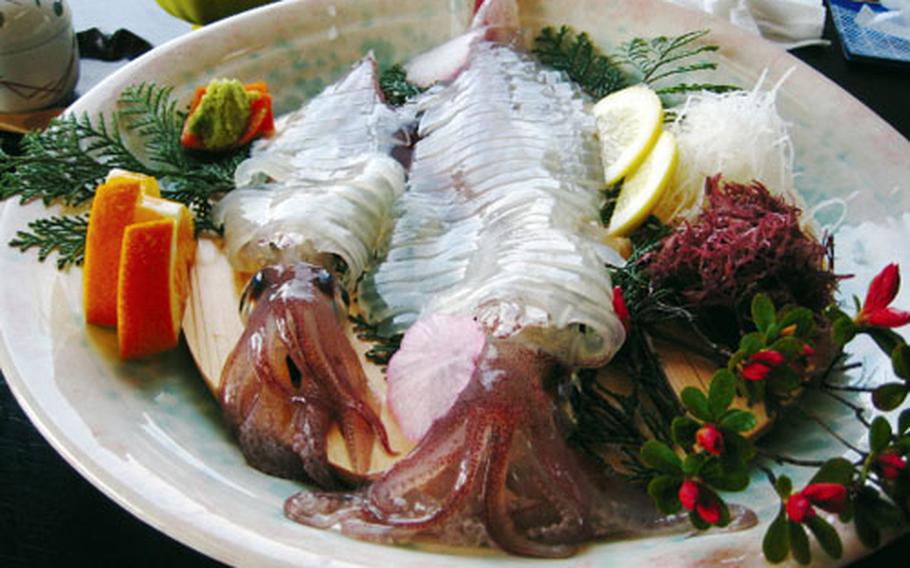 A plate of live squid awaits a brave diner in Karatsu.