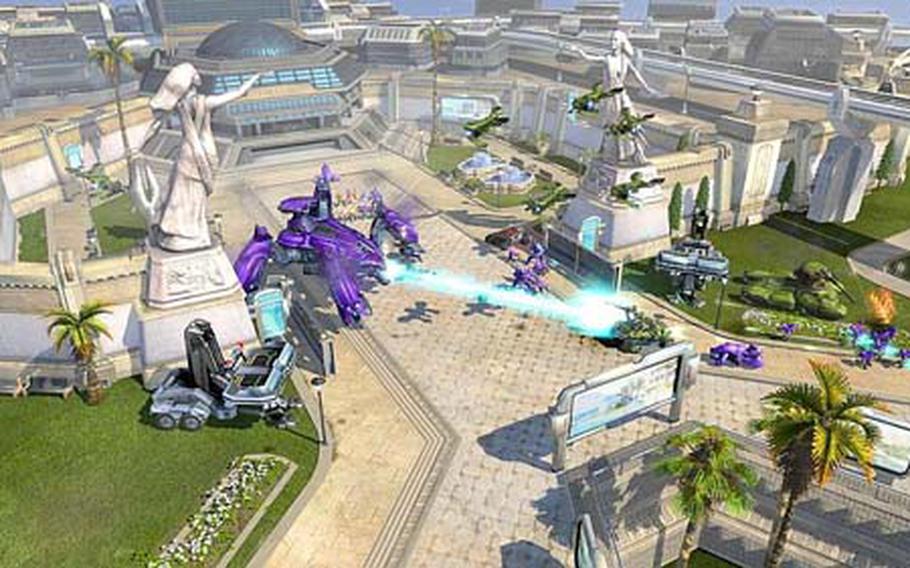 A Covenant Scarab toasts a human Warthog in the middle of a city in “Halo Wars.”