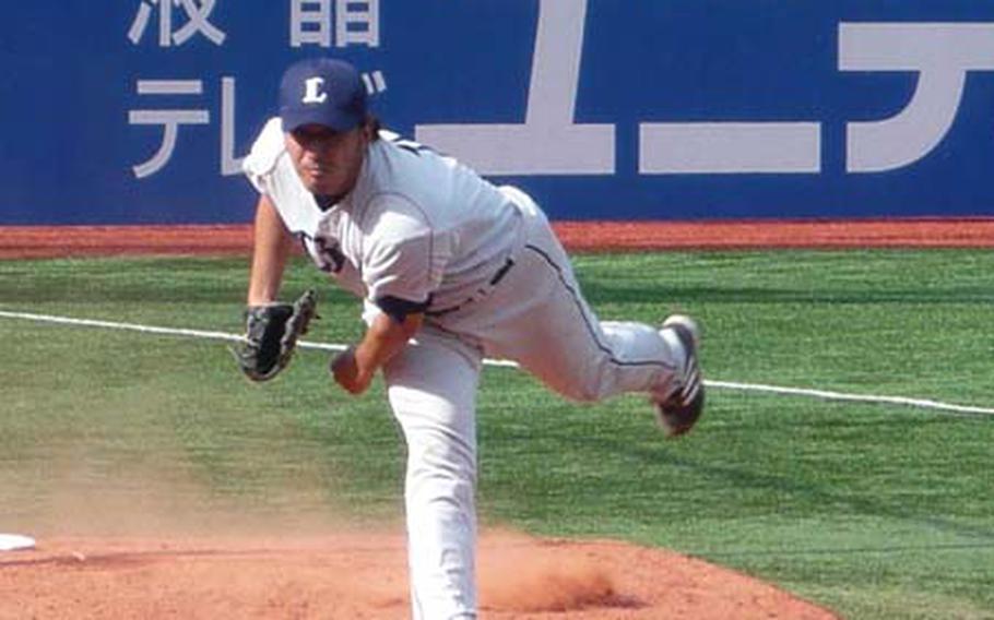 Saitama Seibu Lions pitcher Kazuhisa Ishii practices pitching at Jingu Stadium. Ishii played for Los Angeles Dodgers and New York Mets before playing for the Lions.
