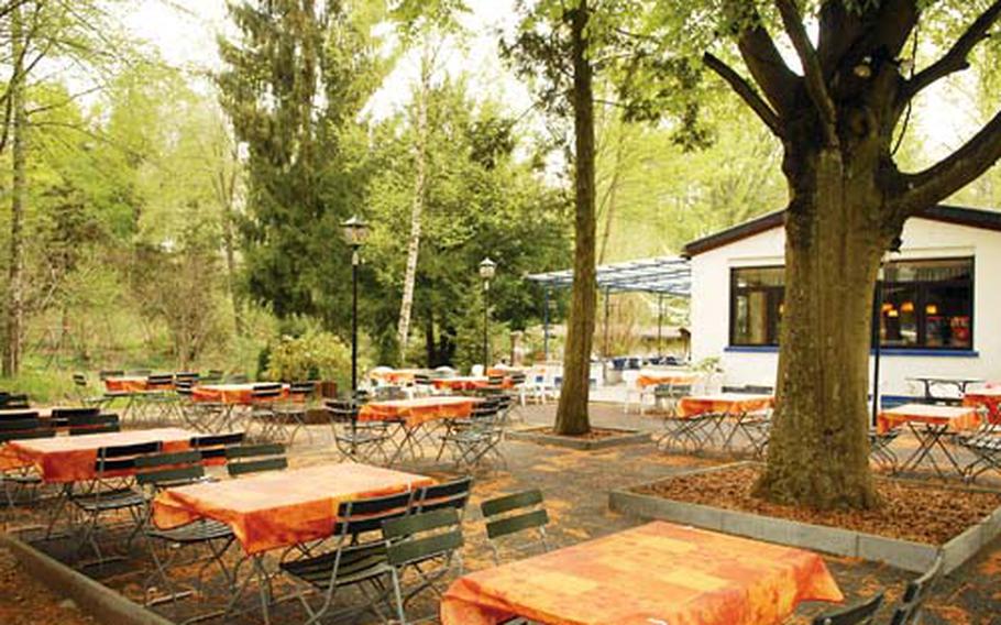 Gasthaus Quack has a large outside eating area that is packed for lunch -- when the weather is good.