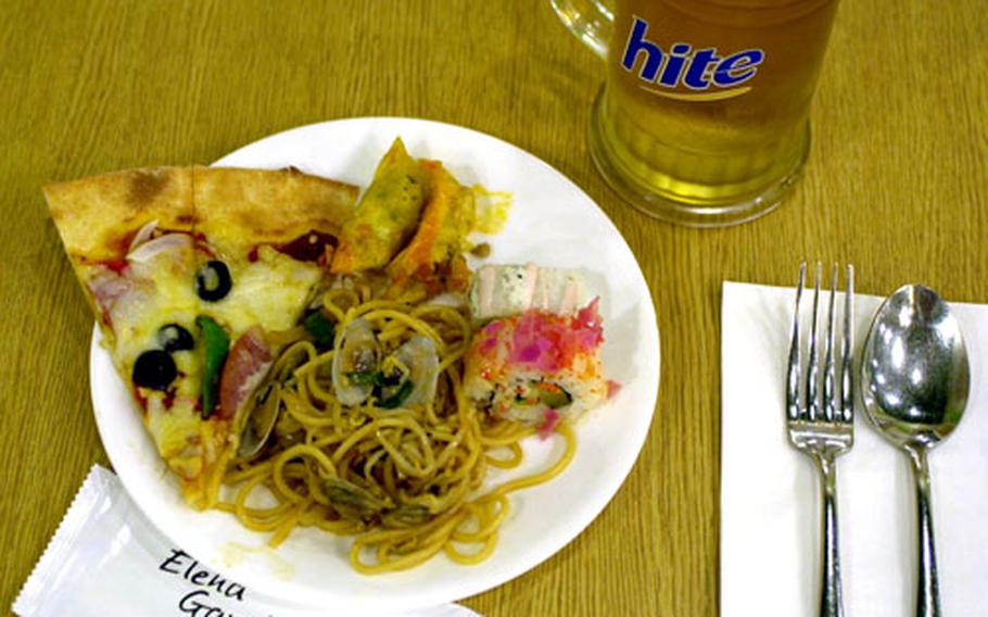 Pizza, pasta and sushi are just some of the offerings at Elena Garden, where the low-priced buffet is a favorite of Home plus shoppers.