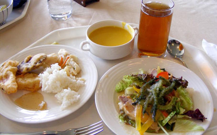 Pumpkin soup, a tasty salad topped with sea grapes, and pumpkin and sweet potato tempura provide a heart-healthy lunch at the Casa Verde Restaurant.