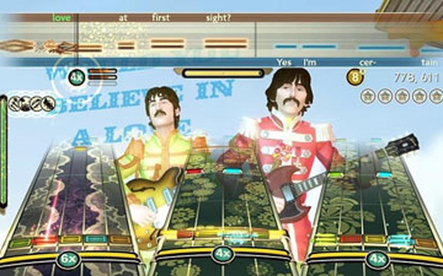 John Lennon and George Harrison appear in a video during “The Beatles: Rock Band.”