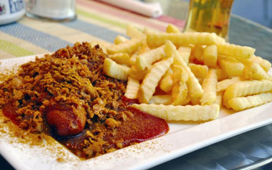 The Bamberger is one of the currywursts available at Rixx. It features the original pork and beef blend smothered in Rixx “ketchup” and fried onions and served with fries.