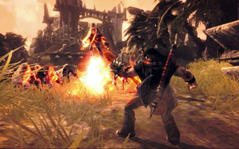 Eddie Riggs — voiced by Jack Black — uses his guitar during a heated battle in the game “Brütal Legend.”