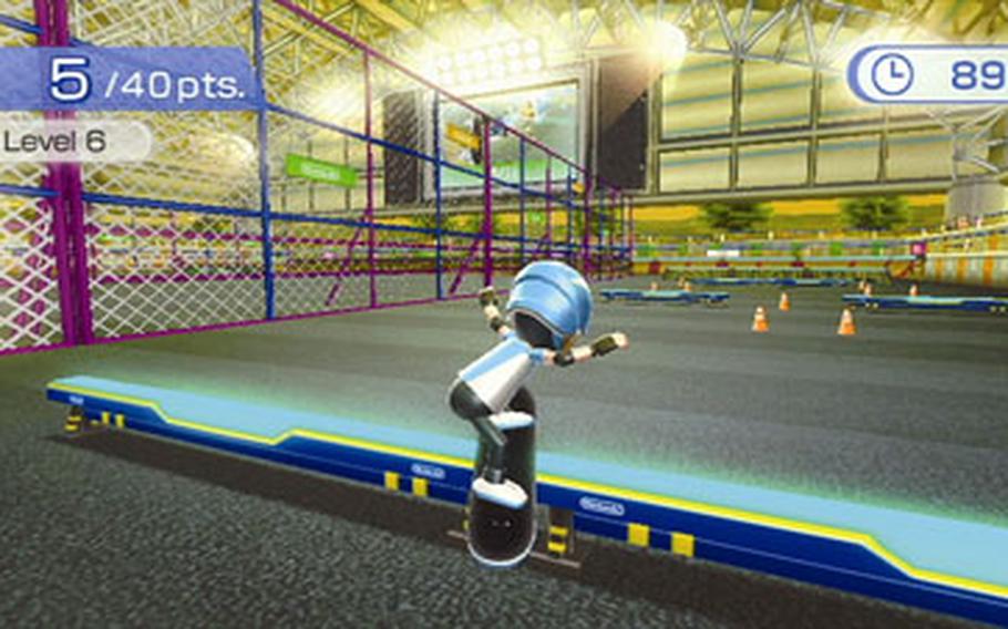 A skateboarder leaps an obstacle in “Wii Fit Plus,” which uses the Wii balance board to take the place of a skateboard.